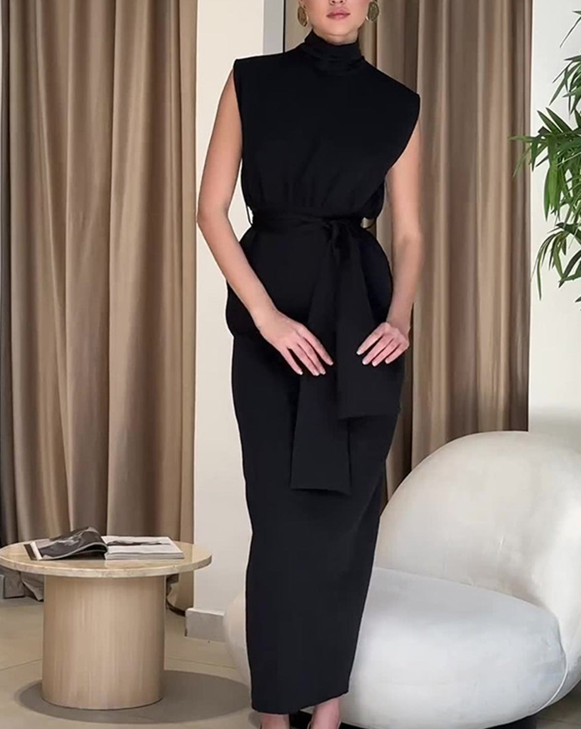 Solid Slit Belted Turtleneck Long Dress