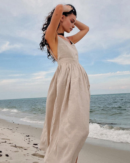 Backless Cotton Linen Lace Up Long Dress