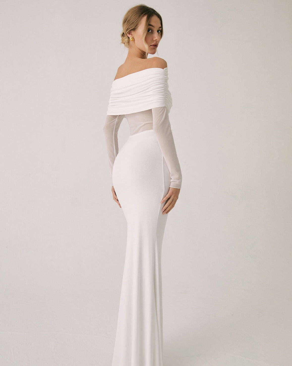 Overfold Off-Shoulder Mesh Long Sleeve Long Dress