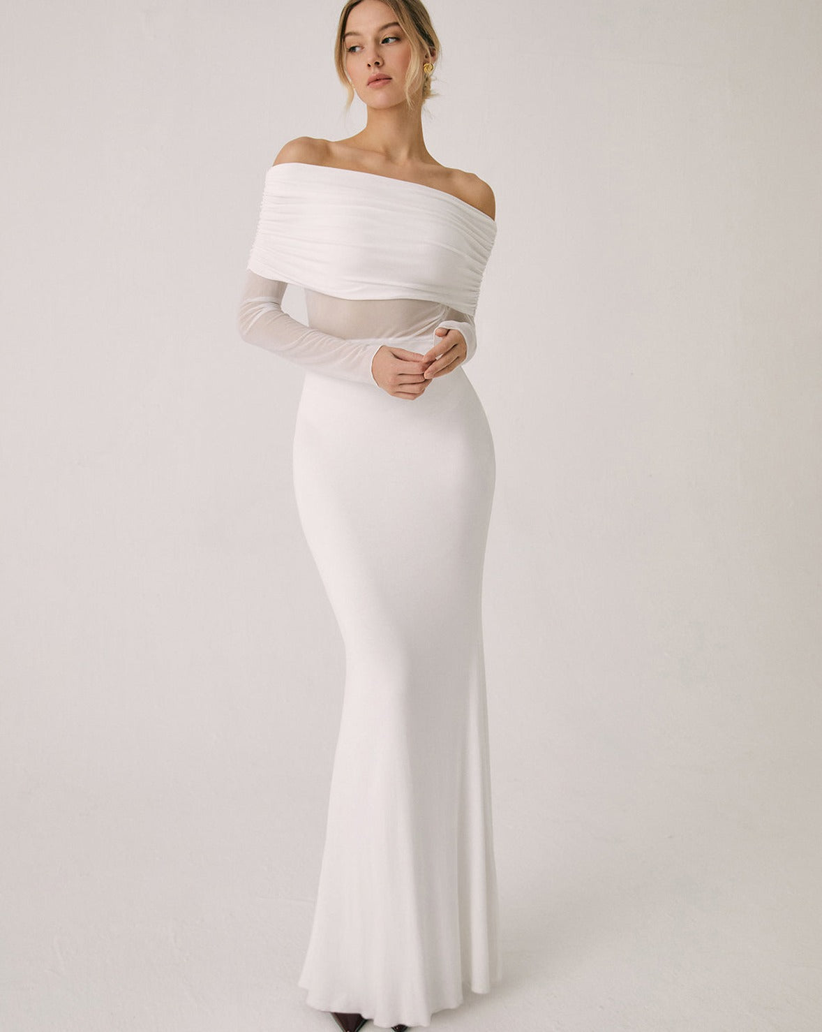 Overfold Off-Shoulder Mesh Long Sleeve Long Dress