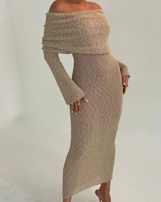 Off Shoulder Overfold Long Sleeve Sweater Long Dress