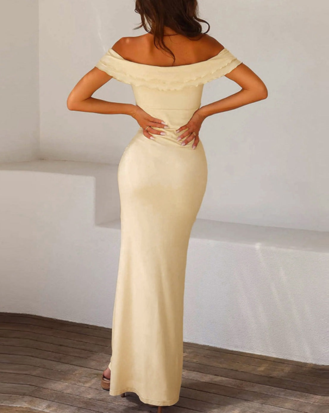 Off Shoulder Ruffle Satin Long Dress