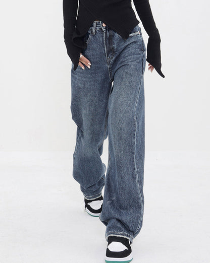 Patchwork Pockets Denim Wide Leg Boyfriend Jeans