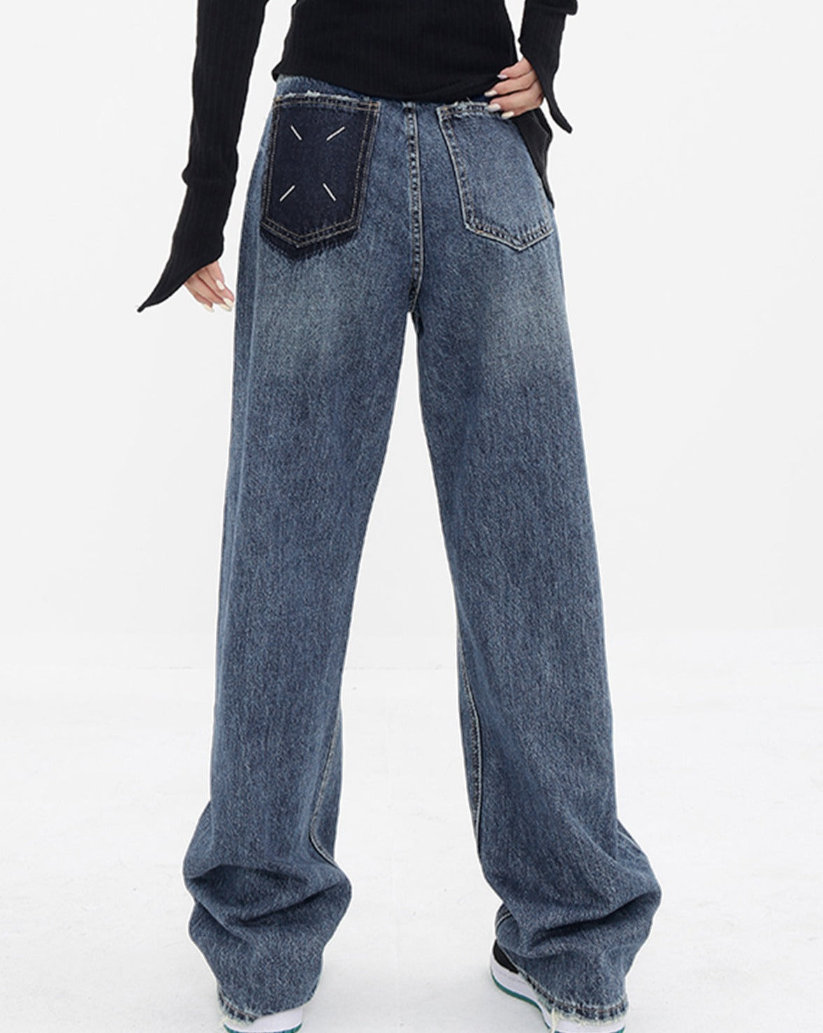 Patchwork Pockets Denim Wide Leg Boyfriend Jeans