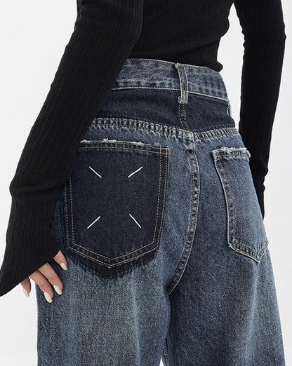 Patchwork Pockets Denim Wide Leg Boyfriend Jeans