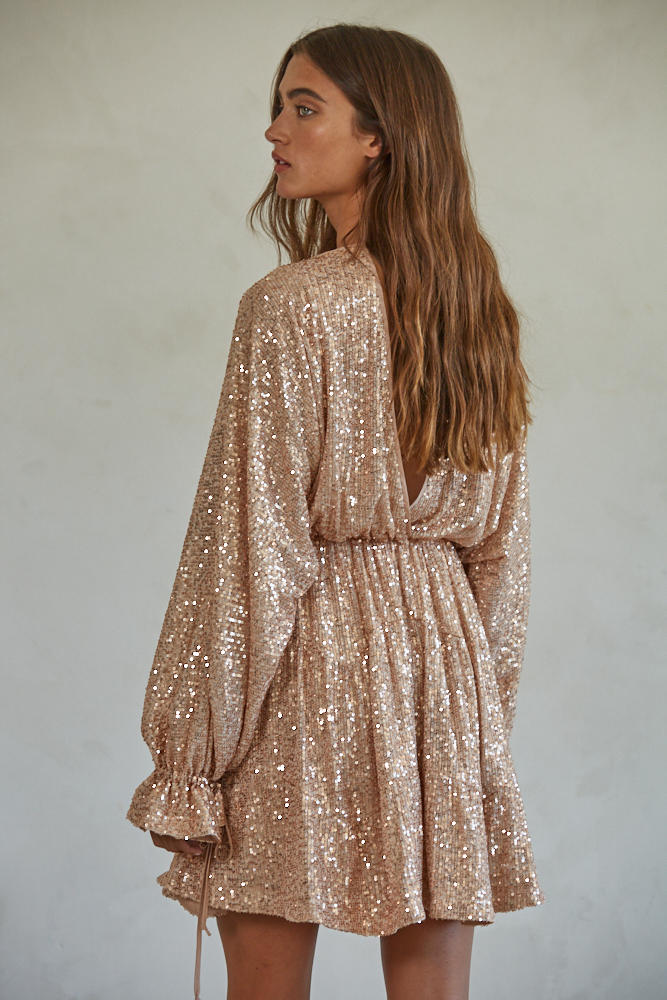 V-Neck Long Sleeve Drawstring Sequin Mini Dress