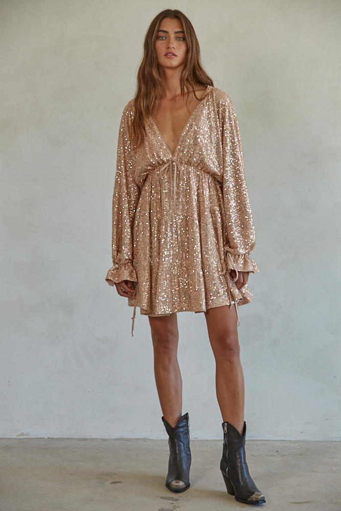 V-Neck Long Sleeve Drawstring Sequin Mini Dress