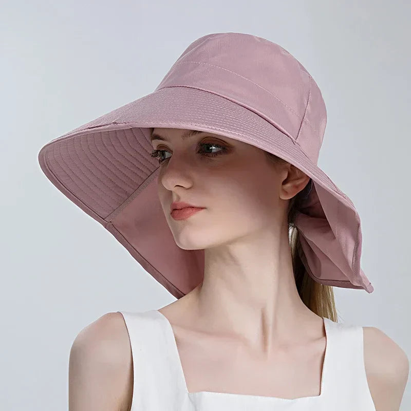 Women Outdoor Neck UV Protection Wide Brim Bucket Hat