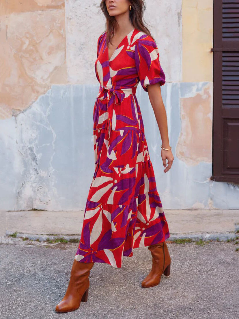 V-Neck Puff Sleeves Slit Printed Midi Dress