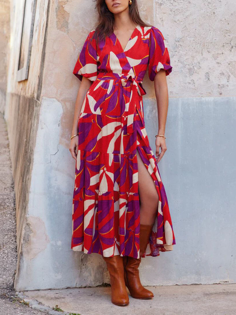 V-Neck Puff Sleeves Slit Printed Midi Dress