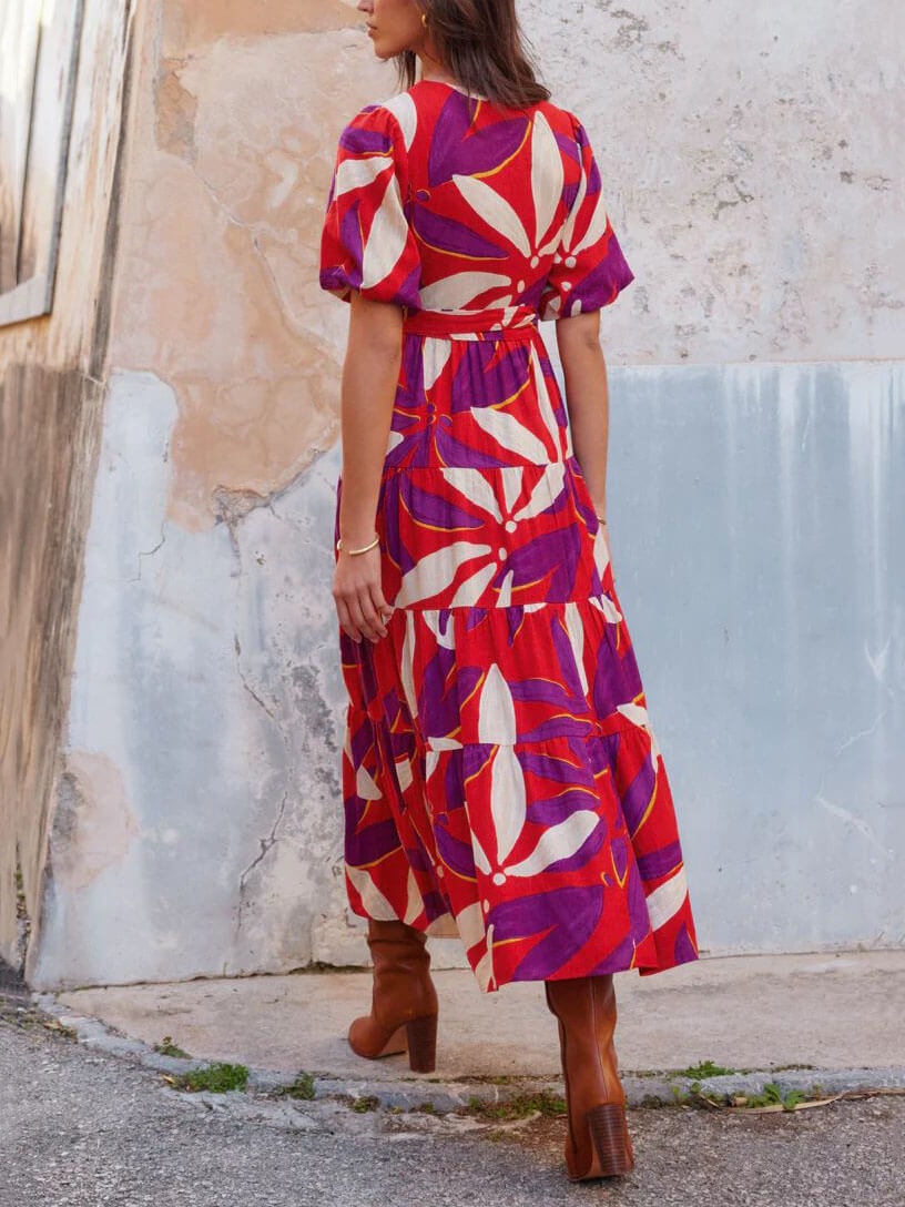 V-Neck Puff Sleeves Slit Printed Midi Dress