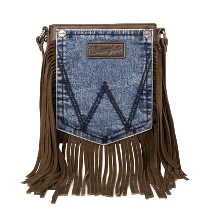 Wrangler Leather Fringe Jean Denim Pocket Crossbody