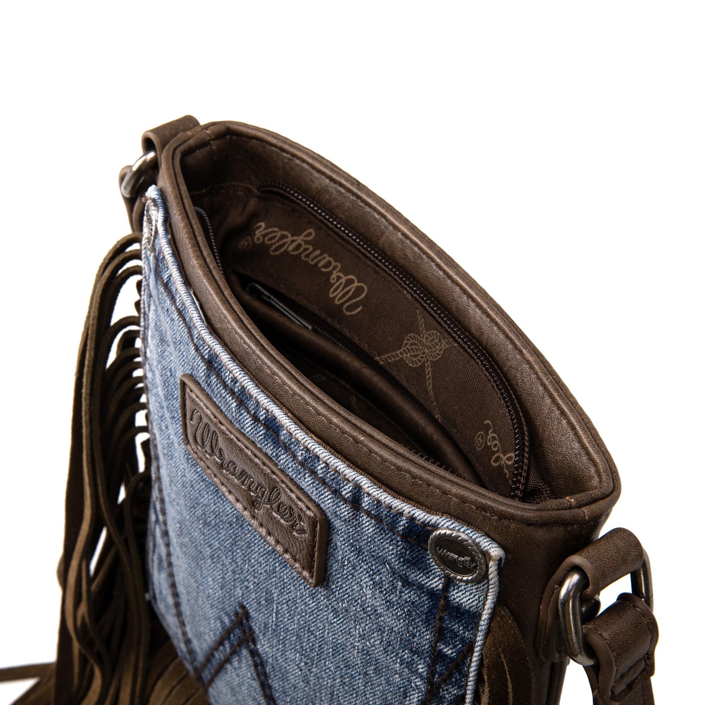 Wrangler Leather Fringe Jean Denim Pocket Crossbody