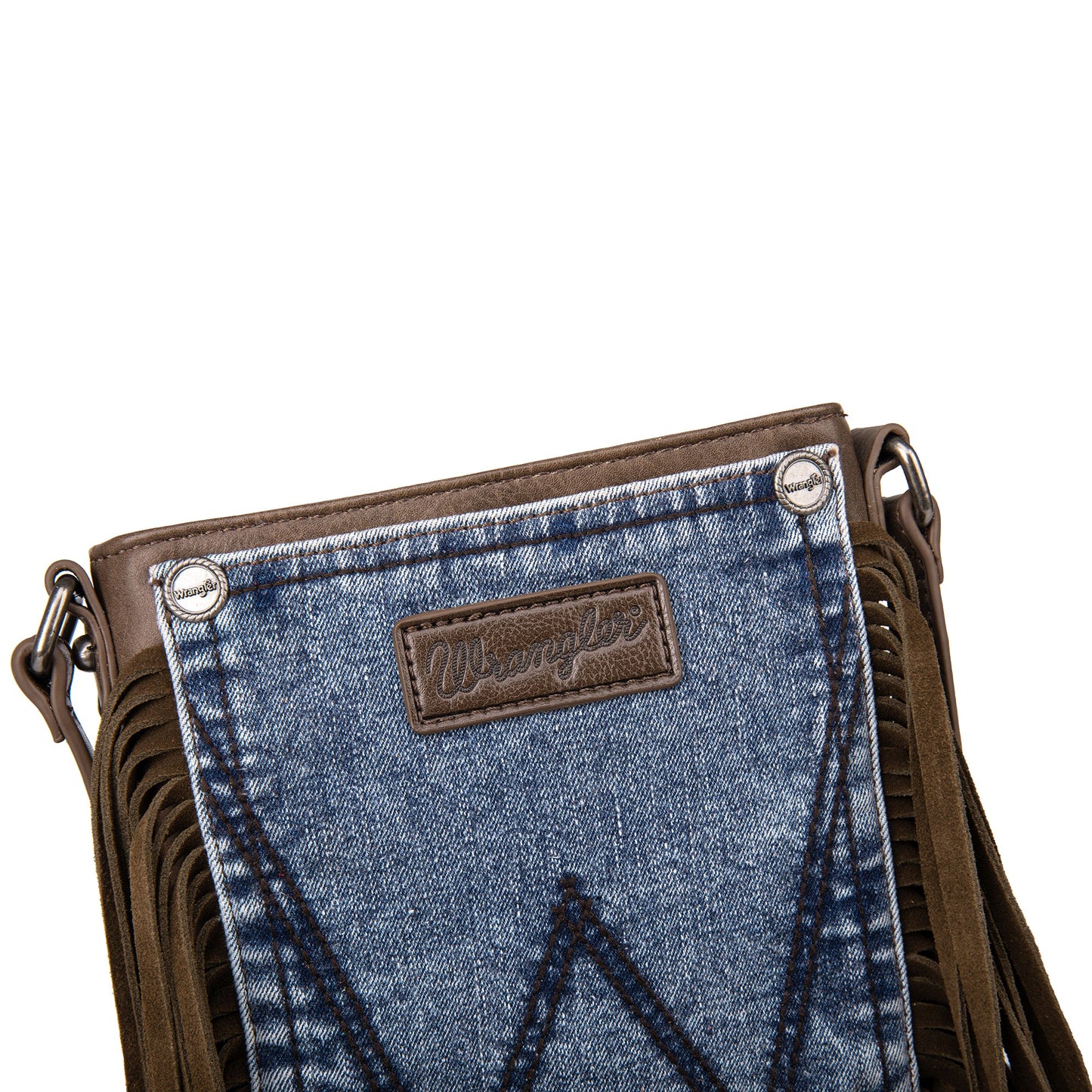 Wrangler Leather Fringe Jean Denim Pocket Crossbody