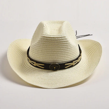 Classical Straw Western Cowboy Hats Wide Brim Retro Bull Head Jazz Hat