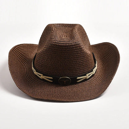 Classical Straw Western Cowboy Hats Wide Brim Retro Bull Head Jazz Hat