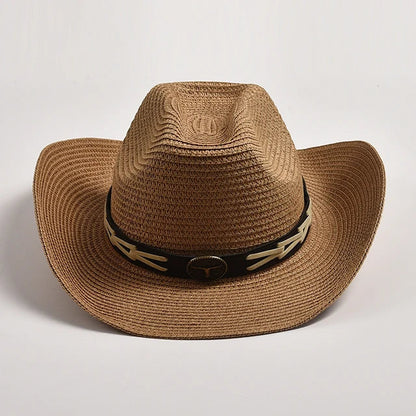 Classical Straw Western Cowboy Hats Wide Brim Retro Bull Head Jazz Hat