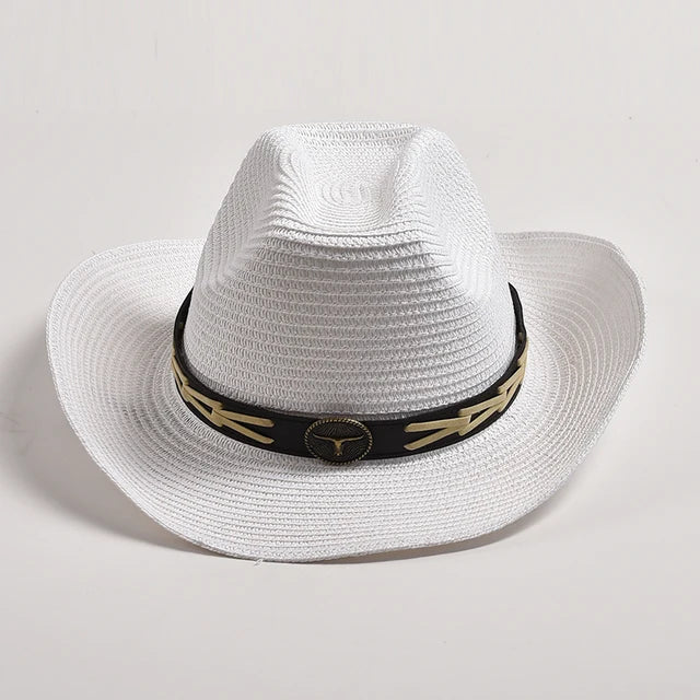 Classical Straw Western Cowboy Hats Wide Brim Retro Bull Head Jazz Hat