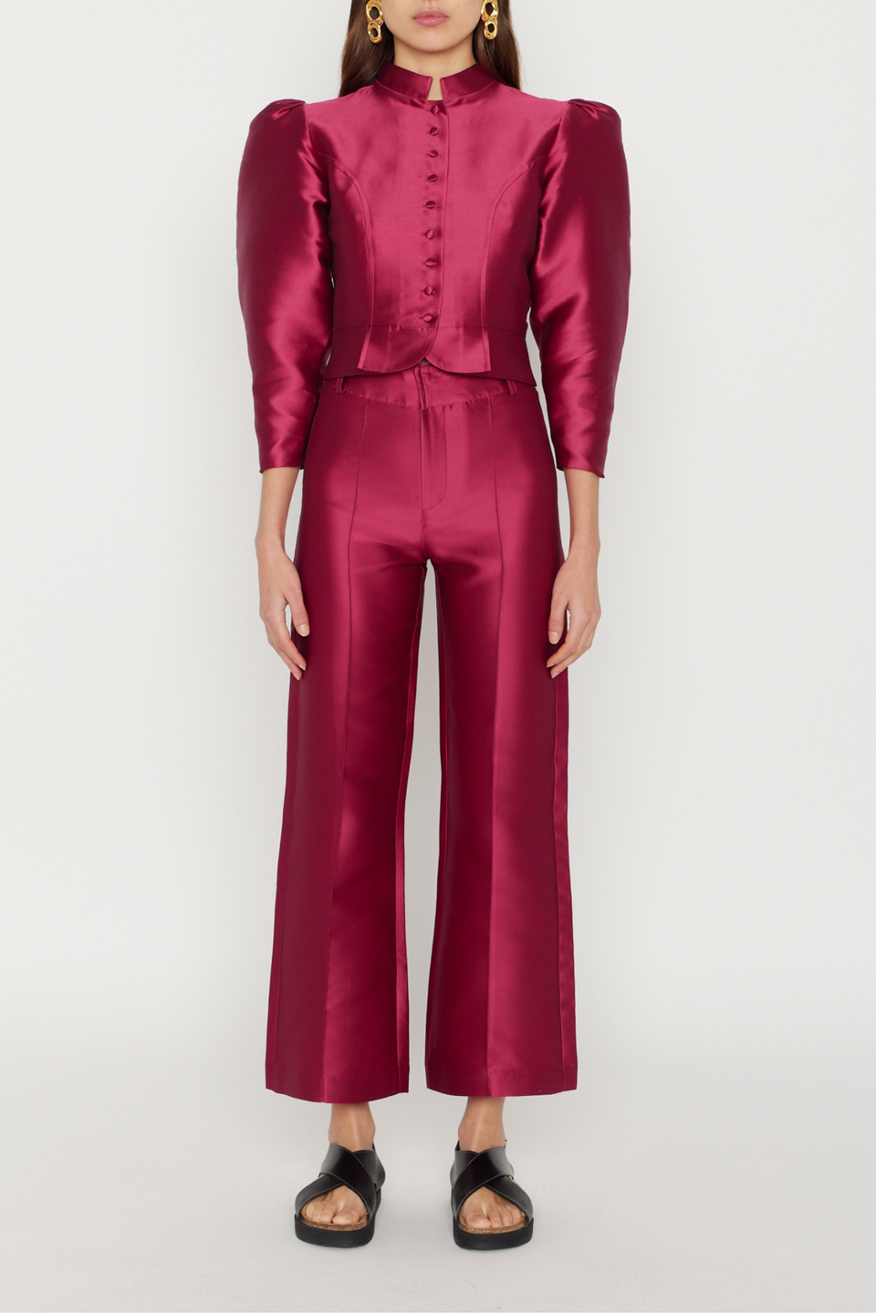 Satin Puff Sleeve Jacket Suit