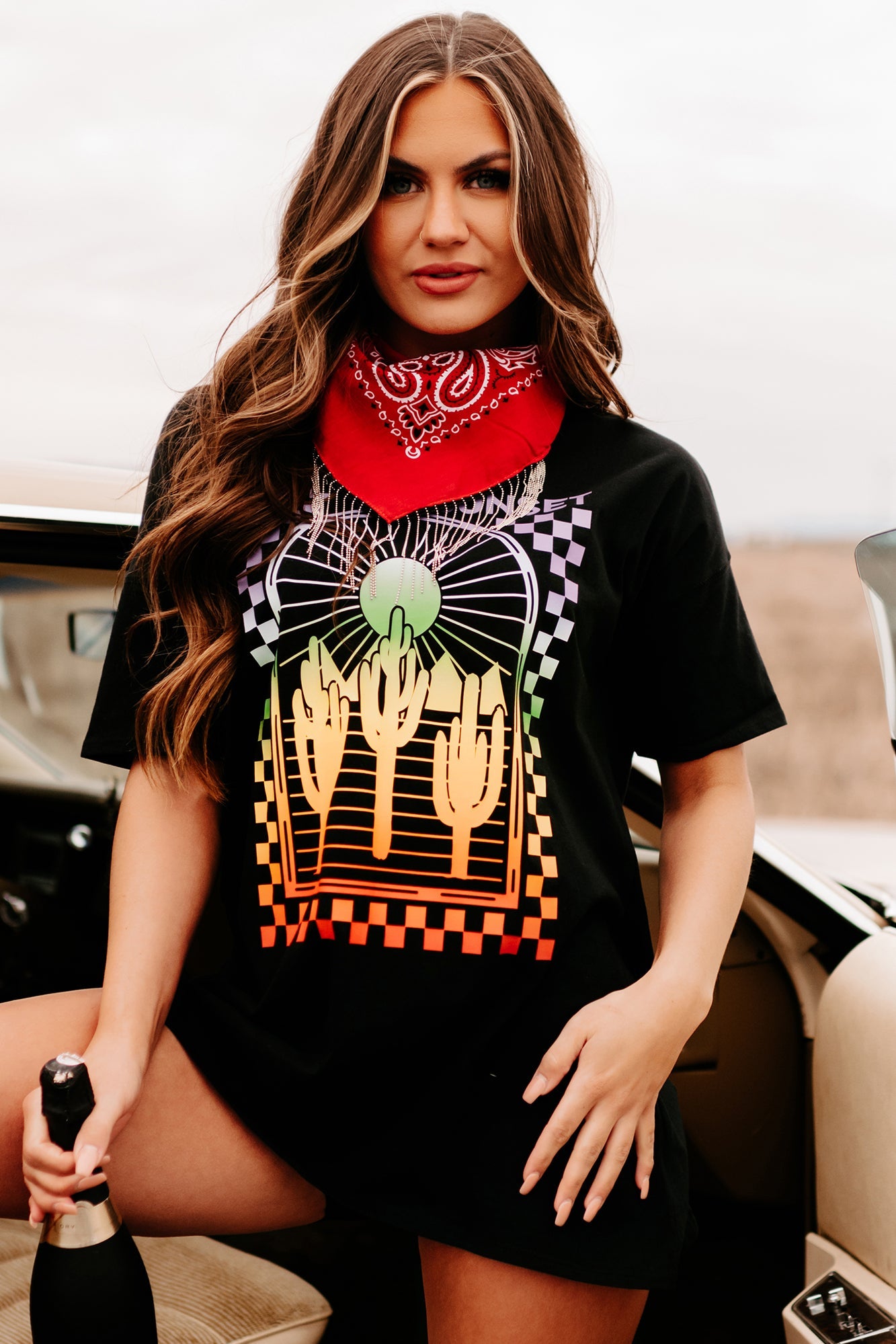 "Feel The Sunset" Oversized Graphic T-Shirt Dress (Black)