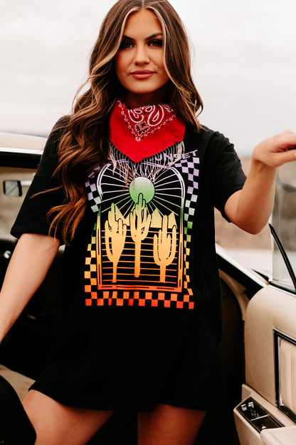 "Feel The Sunset" Oversized Graphic T-Shirt Dress (Black)