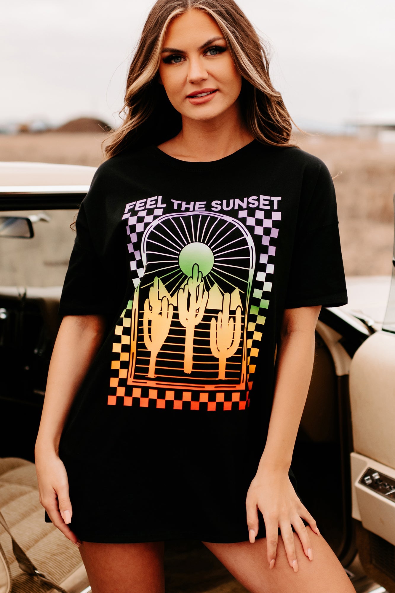 "Feel The Sunset" Oversized Graphic T-Shirt Dress (Black)