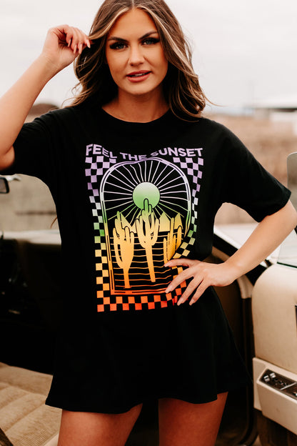 "Feel The Sunset" Oversized Graphic T-Shirt Dress (Black)