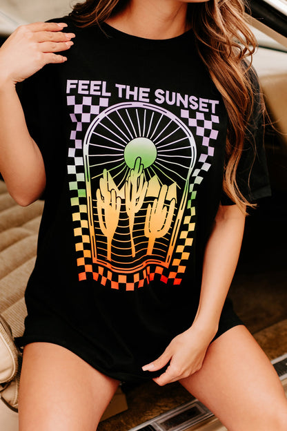 "Feel The Sunset" Oversized Graphic T-Shirt Dress (Black)