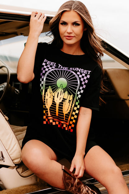 "Feel The Sunset" Oversized Graphic T-Shirt Dress (Black)