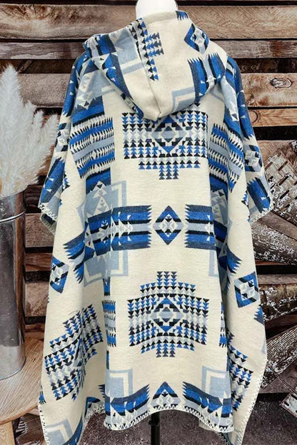 Western Aztec Blue Print Hooded Cape