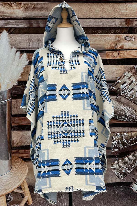 Western Aztec Blue Print Hooded Cape