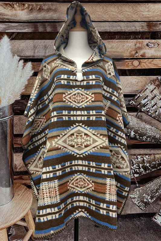 Western Aztec Brown Print Hooded Cape