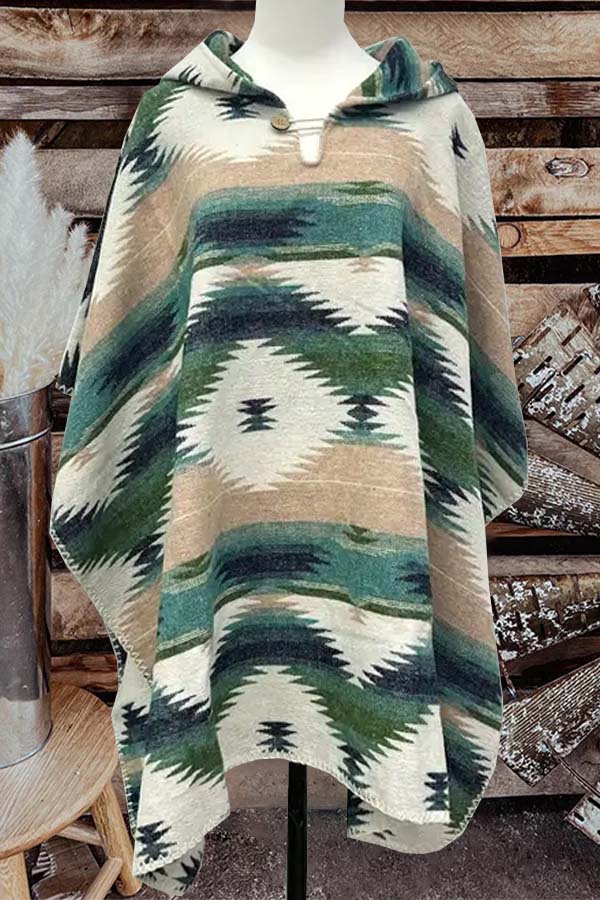 Western Aztec Green Print Hooded Cape