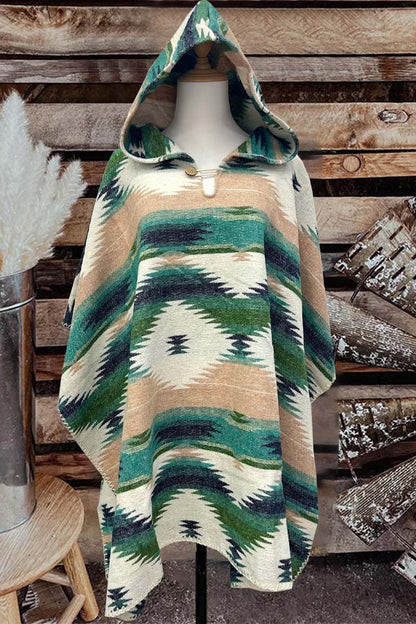 Western Aztec Green Print Hooded Cape