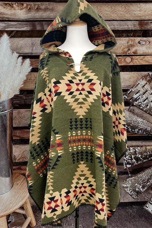 Western Aztec Dark Green Print Hooded Cape