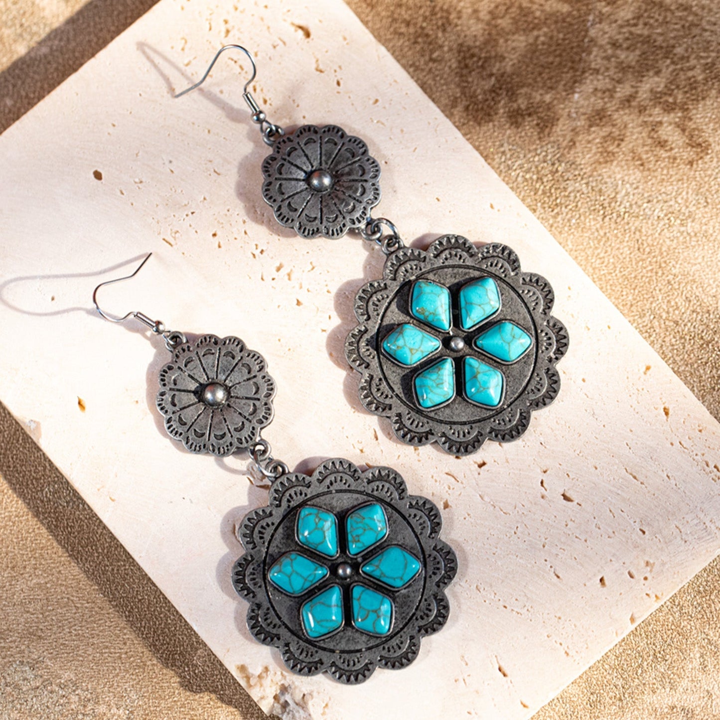 Rustic Couture's Navajo Silver/Bronze Concho with Natural Stone Dangle Earrings