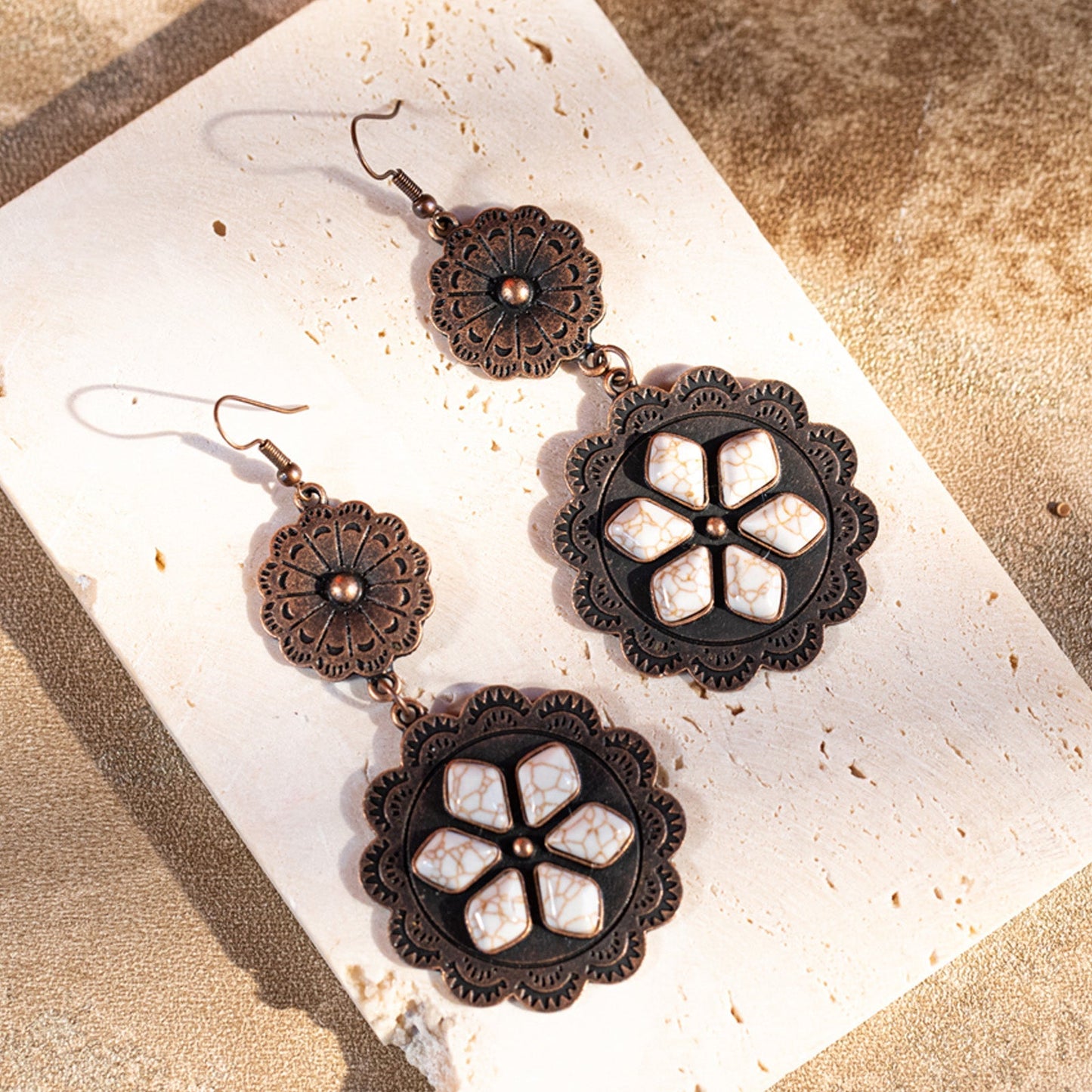 Rustic Couture's Navajo Silver/Bronze Concho with Natural Stone Dangle Earrings