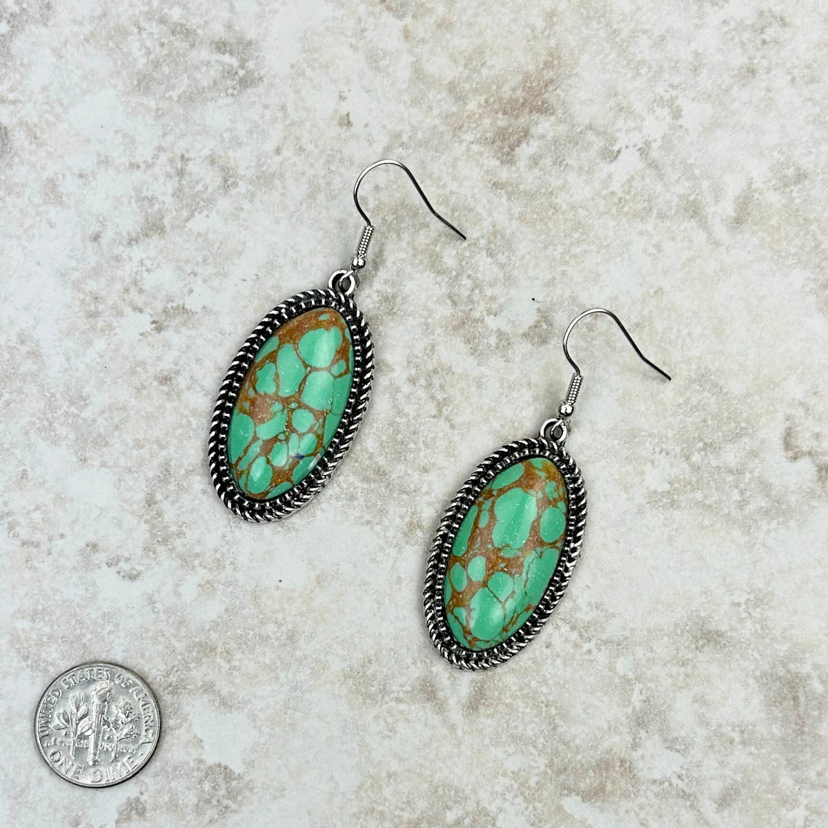 Silver With Green Stone Oval Earrings