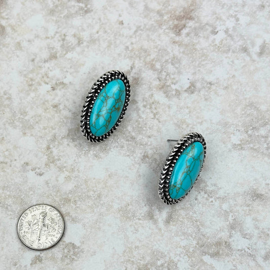 Silver With Turquoise Stone Oval Post Earrings