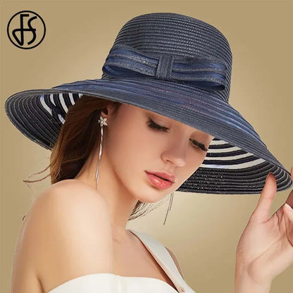 FS 2020 Women Straw Hat With Big Bow White Black Wide Brim Floppy Foldable Beach Hats Female Ladies Spring Visor Sun Caps