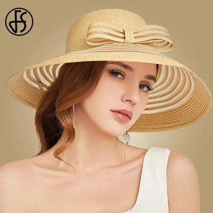 FS 2020 Women Straw Hat With Big Bow White Black Wide Brim Floppy Foldable Beach Hats Female Ladies Spring Visor Sun Caps