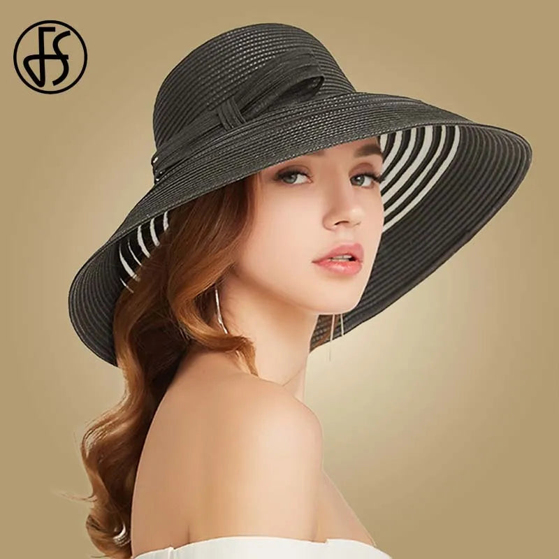 FS 2020 Women Straw Hat With Big Bow White Black Wide Brim Floppy Foldable Beach Hats Female Ladies Spring Visor Sun Caps