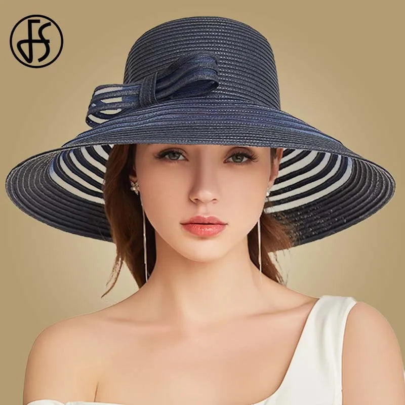 FS 2020 Women Straw Hat With Big Bow White Black Wide Brim Floppy Foldable Beach Hats Female Ladies Spring Visor Sun Caps