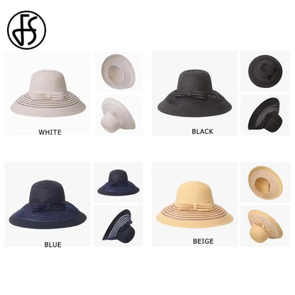 FS 2020 Women Straw Hat With Big Bow White Black Wide Brim Floppy Foldable Beach Hats Female Ladies Spring Visor Sun Caps