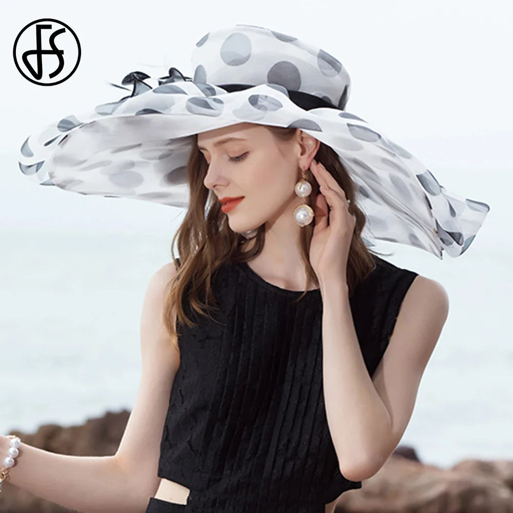 FS 2024 Oversized Brim Dot Organza Top Hats For Women Beach Visor Sun Sombreros Flowers Fedoras UV Protection Kentucky Derby Cap