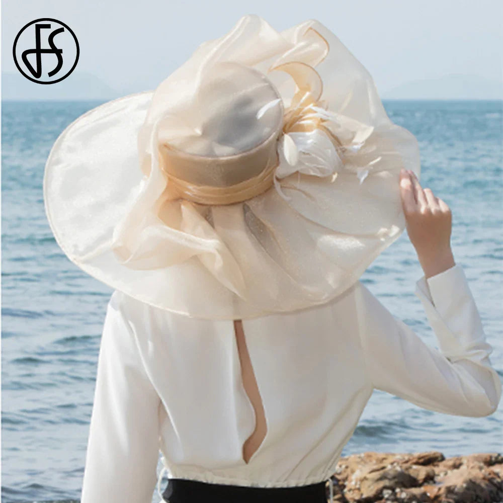 FS 2024 Oversized Brim Dot Organza Top Hats For Women Beach Visor Sun Sombreros Flowers Fedoras UV Protection Kentucky Derby Cap