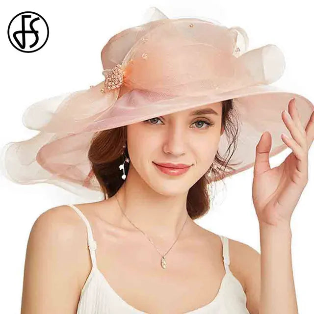 FS Big Flower Sun Hats For Women Beach Beige Organza Tea Party Hat Elegant Ladies Church Kentucky Derby Wide Brim Fedoras