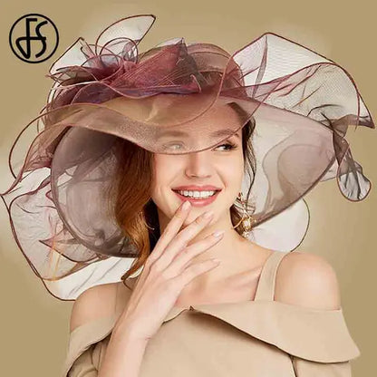 FS Big Flower Sun Hats For Women Beach Beige Organza Tea Party Hat Elegant Ladies Church Kentucky Derby Wide Brim Fedoras