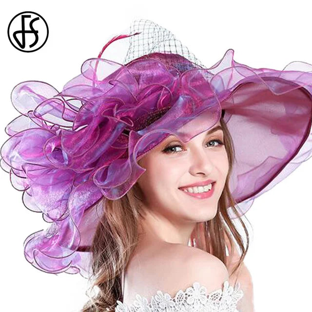 FS Big Flower Sun Hats For Women Beach Beige Organza Tea Party Hat Elegant Ladies Church Kentucky Derby Wide Brim Fedoras