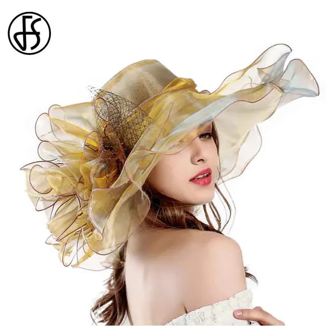 FS Big Flower Sun Hats For Women Beach Beige Organza Tea Party Hat Elegant Ladies Church Kentucky Derby Wide Brim Fedoras